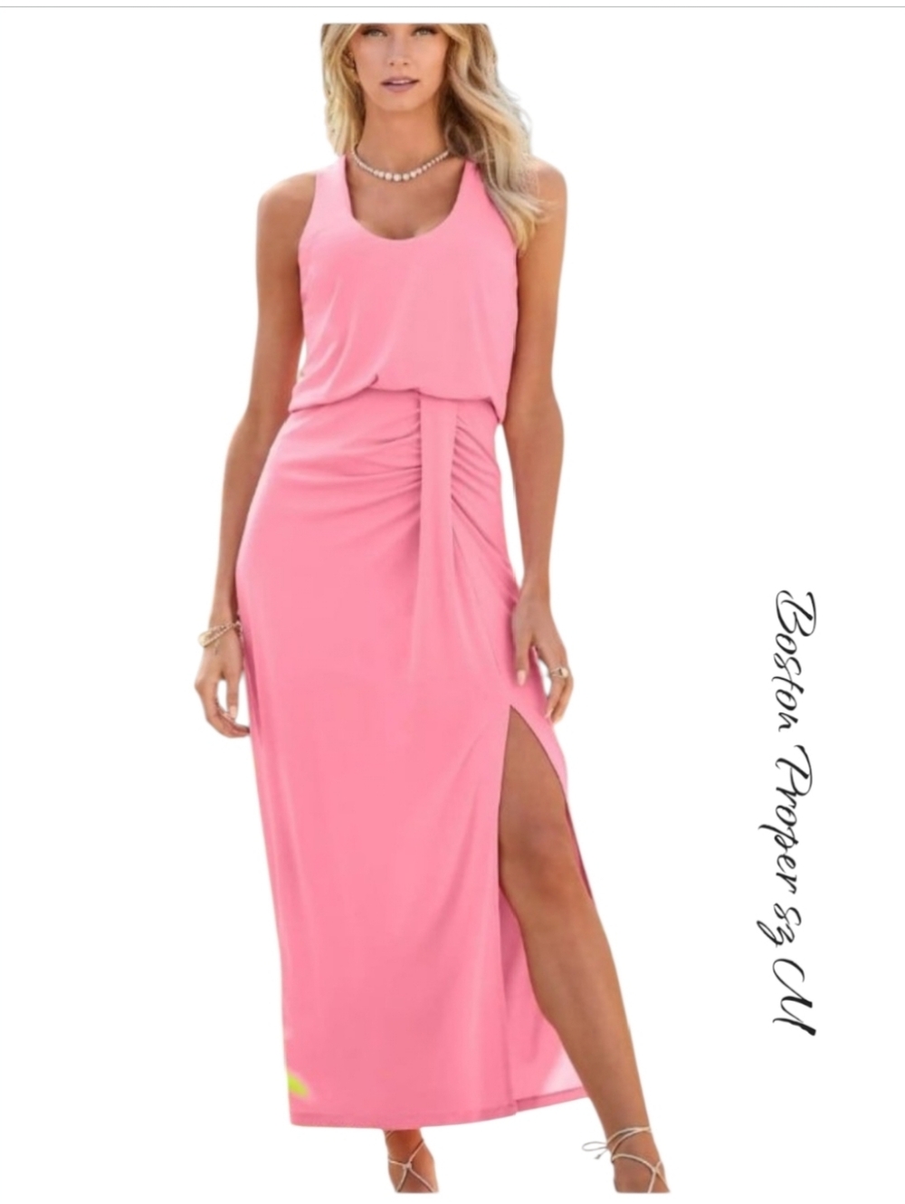 BOSTON PROPER Sachet Pink Scoopneck Blouson Slit Midi Dress M
